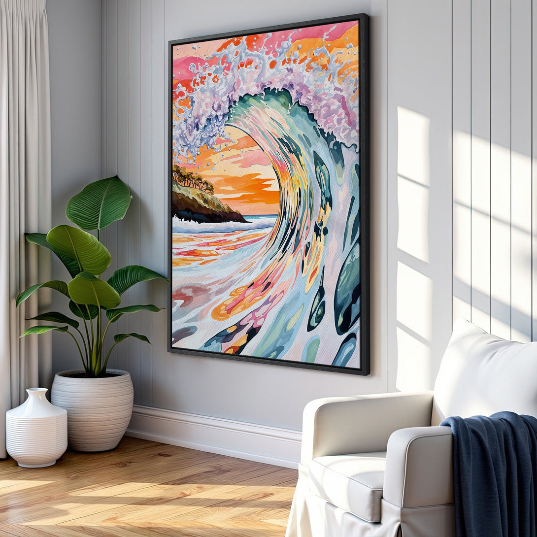 Framed Wall Art featuring a vibrant watercolor wave scene in a coastal style, with a warm, colorful sunset palette. Perfect for beach house decor!