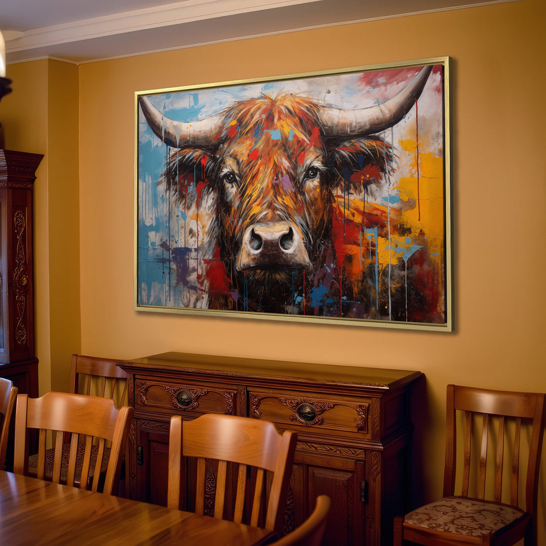 Canvas Print of a colorful abstract bull painting. Rustic style with warm orange, brown, and blue tones. Perfect for living room decor.