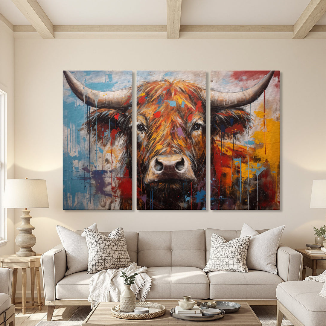 Canvas Print: Abstract bull art in vibrant colors. Bold statement piece for modern home decor. Adds artistic flair to any interior.