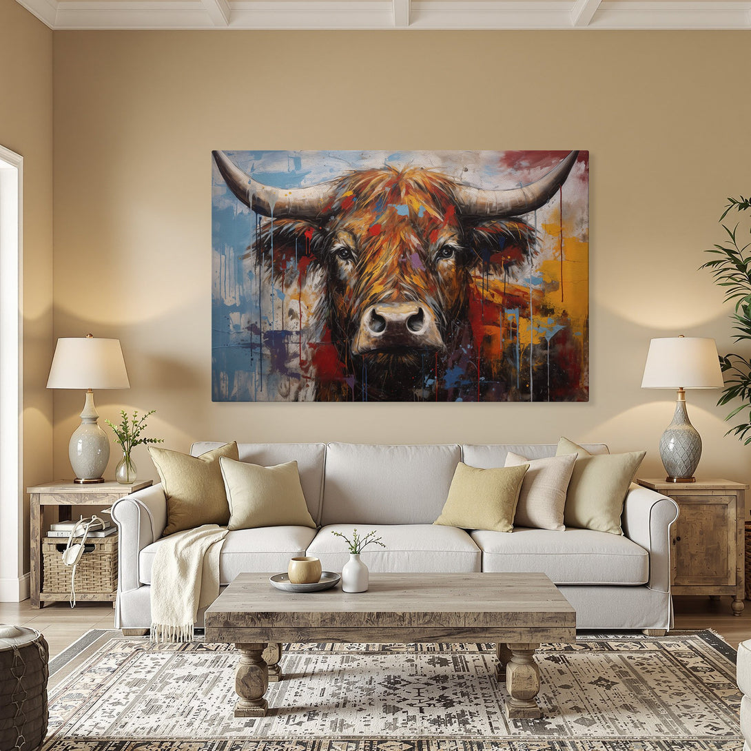 Framed Wall Art: Bold bull portrait canvas print in an abstract style with warm, vibrant colors. Perfect statement piece for your home!