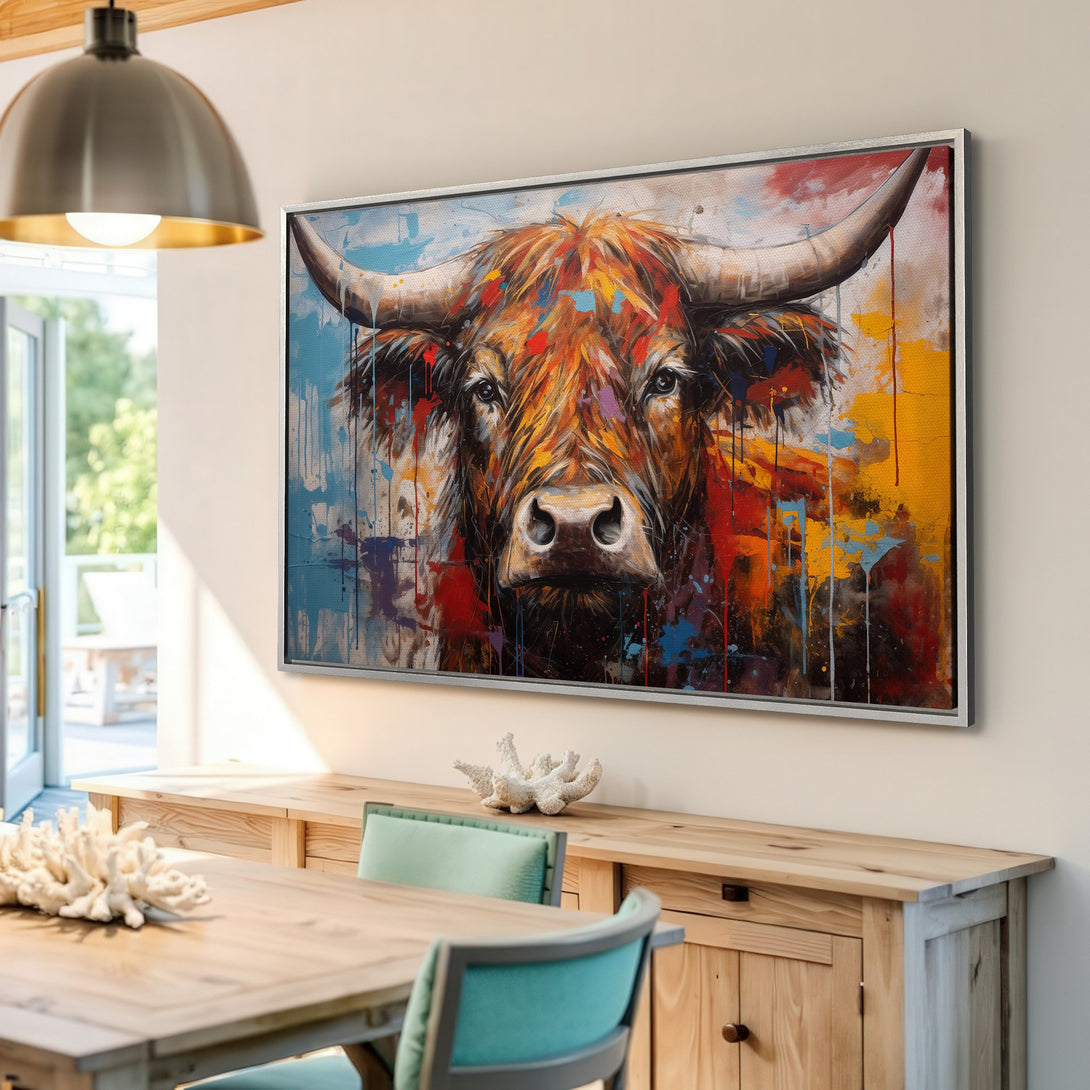 Framed Wall Art: Abstract bull painting with vibrant colors. Add a pop of art to your home with this stunning canvas print!