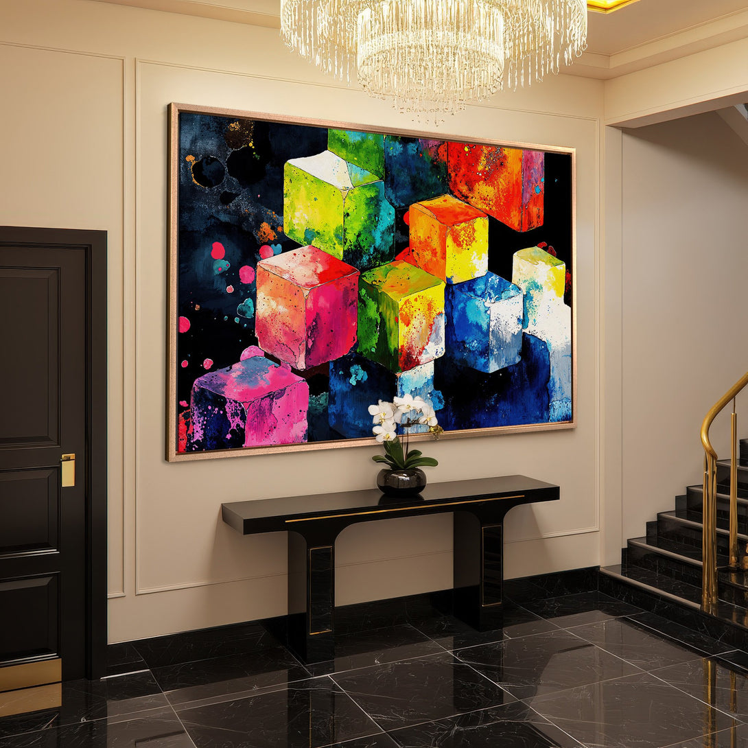 Framed Wall Art: Abstract cube painting in a modern interior. Colorful, vibrant artwork with a black, blue, and multi-colored palette. Perfect for home decor.