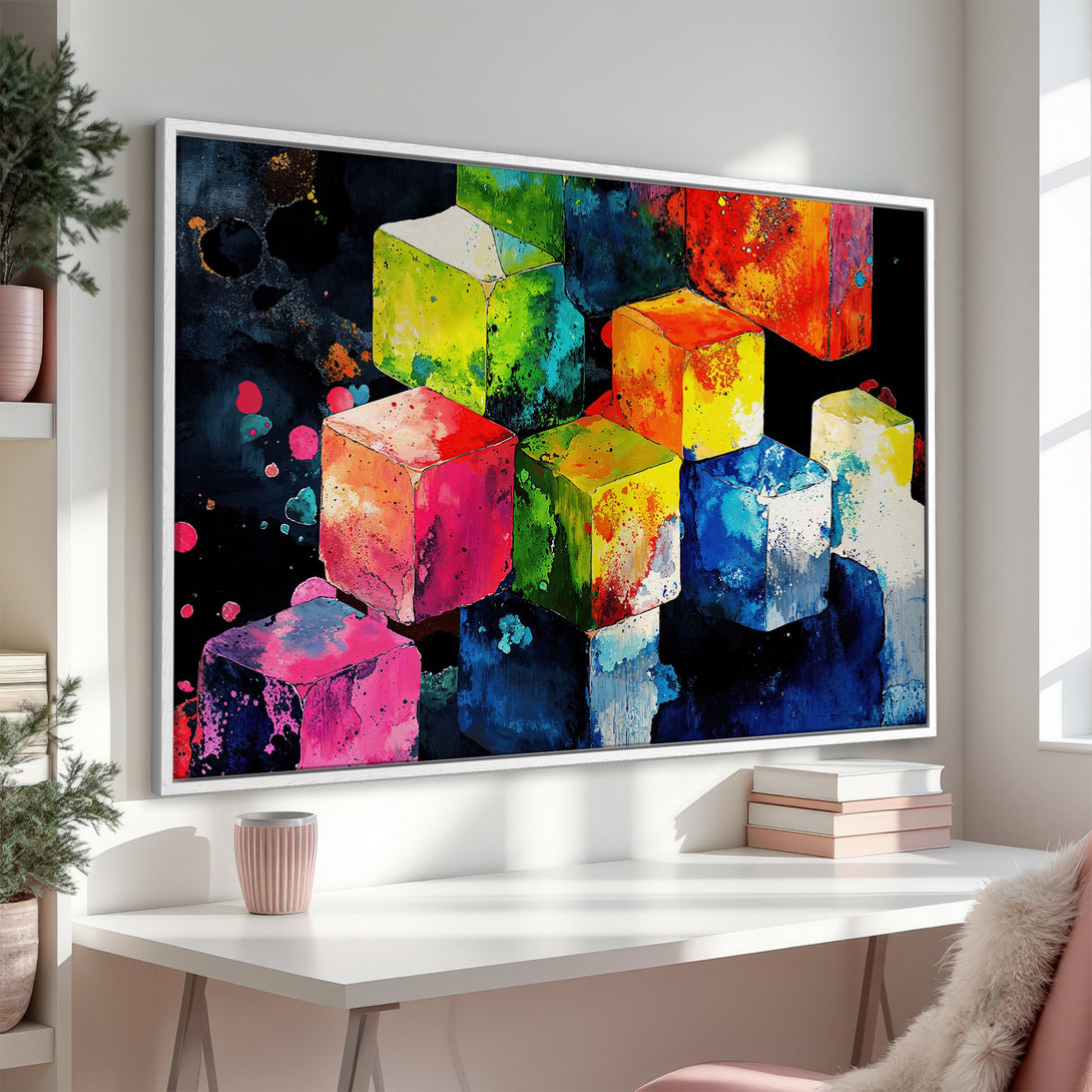 Framed Wall Art: Abstract cubes in vibrant colors. Modern art Canvas Print with a colorful palette to brighten any space.