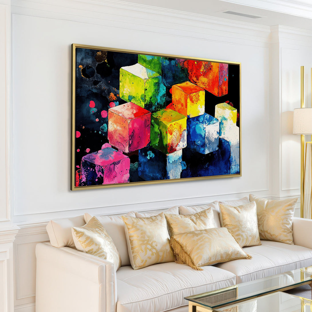 Abstract Canvas Print of colorful cubes in a modern living room. Vibrant watercolor style with a bold, multi-colored palette.