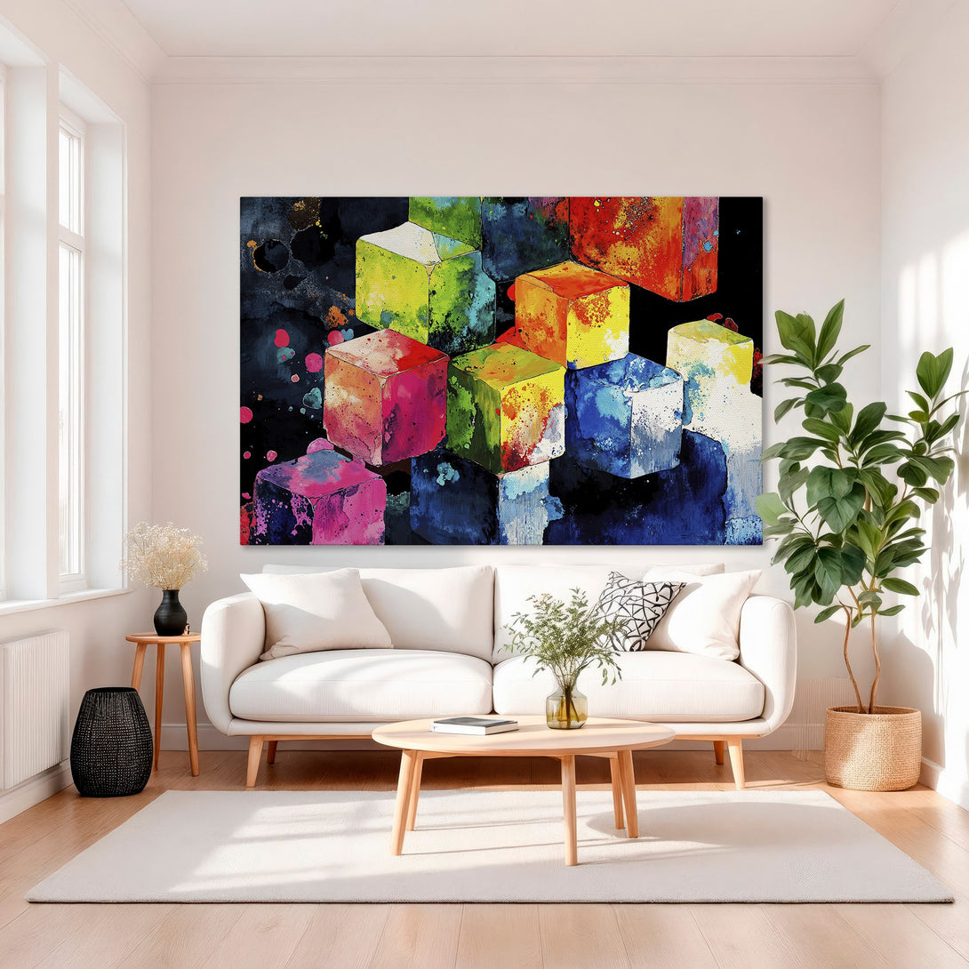 Framed Wall Art featuring abstract colorful cubes. Modern art canvas print with vibrant hues of red, blue, green, and yellow. Perfect for home decor.