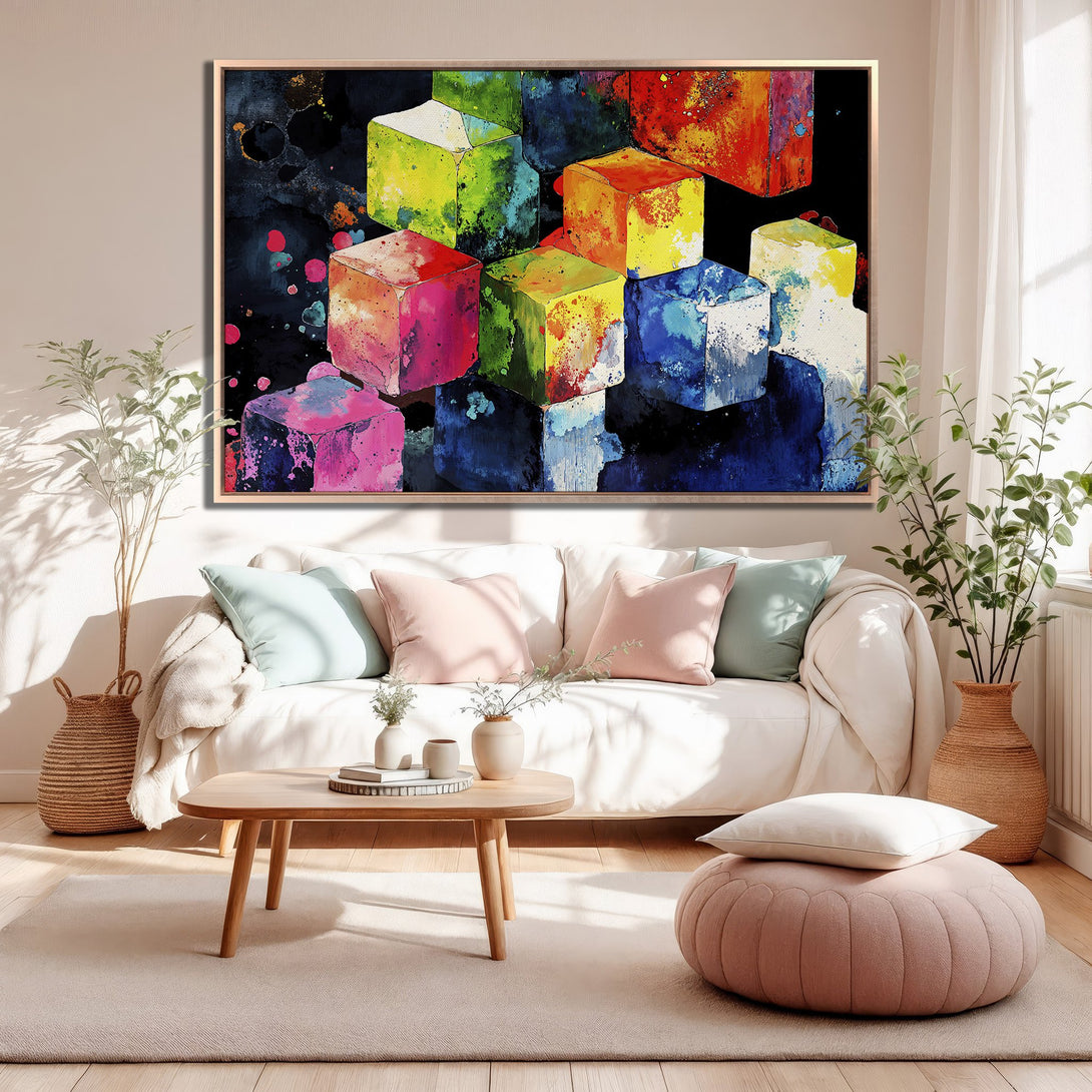 Framed Wall Art: Abstract colorful cubes Canvas Print. Modern watercolor style art with vibrant reds, yellows, blues, and greens. Perfect living room decor.