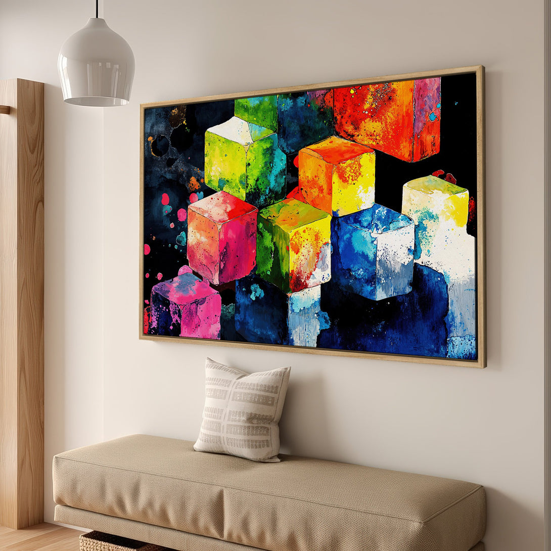 Framed Wall Art: Abstract cube painting with vibrant rainbow colors. Modern art canvas print for a colorful interior design.