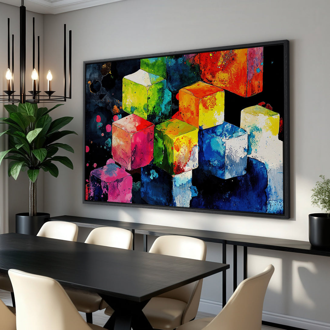 Framed Wall Art: Abstract colorful cube art canvas print. Modern art with vibrant hues of red, blue, yellow, and green. Perfect for dining room decor.