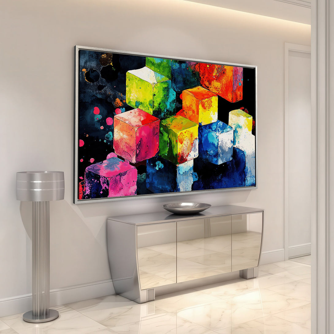 Framed Wall Art: Abstract cube art Canvas Print with vibrant, colorful palette. Modern art for home decor.