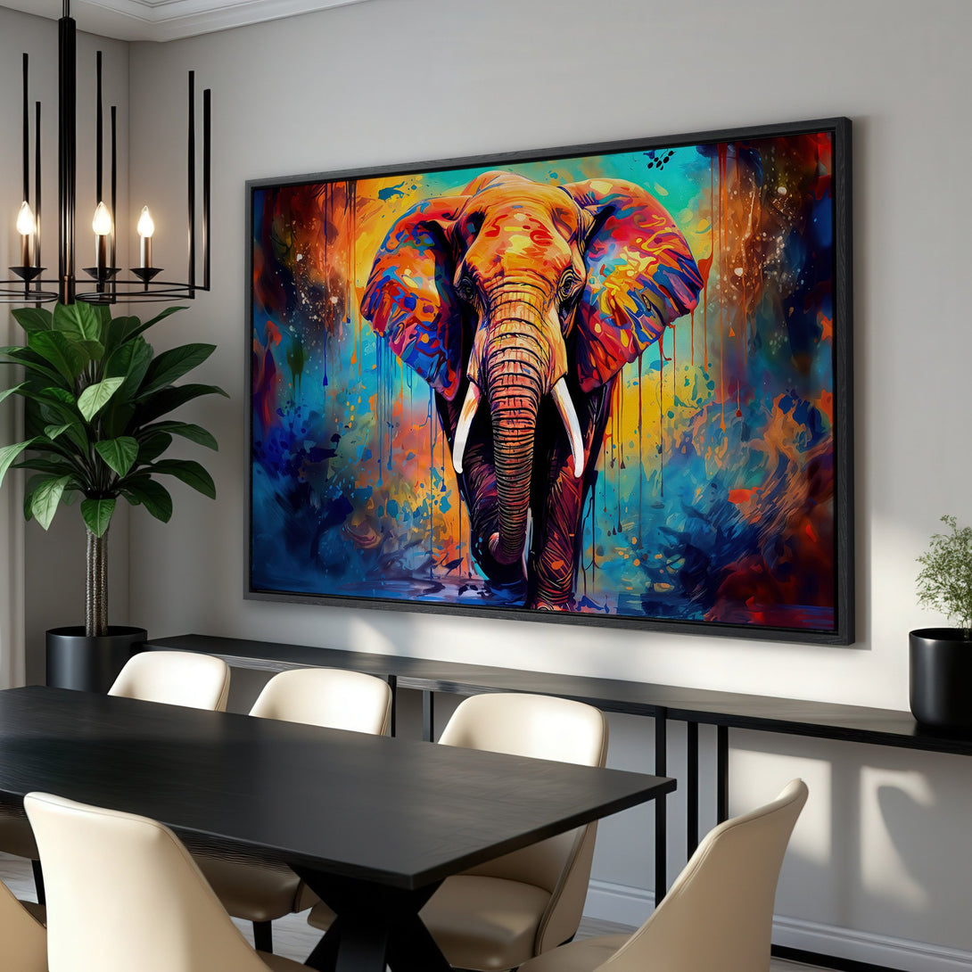 Framed Wall Art: Colorful elephant art print in a modern dining room. Vibrant abstract style with a blue, yellow, and orange palette. Perfect for home decor.