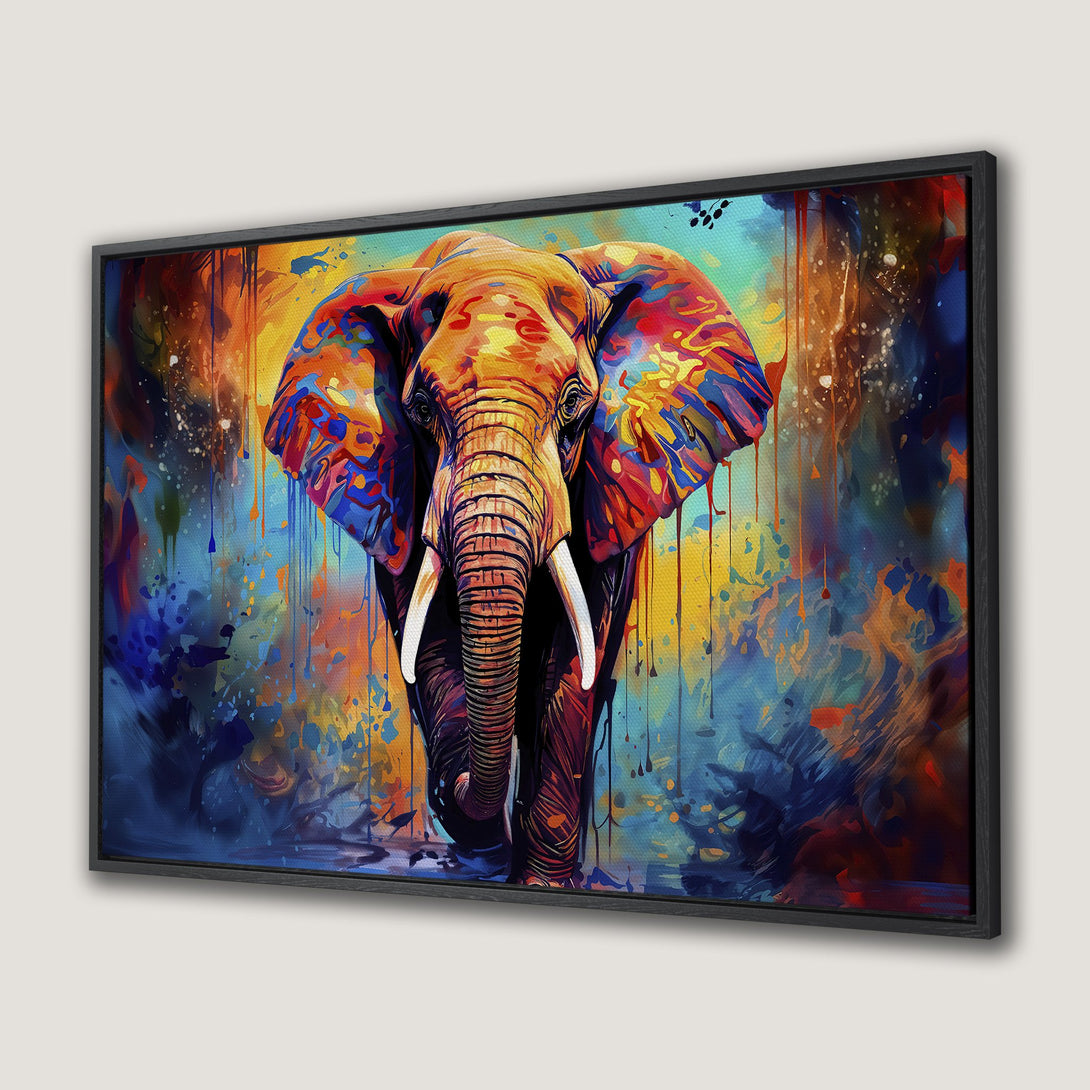 Framed Wall Art: Vibrant elephant painting in watercolor style with a warm color palette of orange, blue, and yellow. Perfect for adding a pop of color!