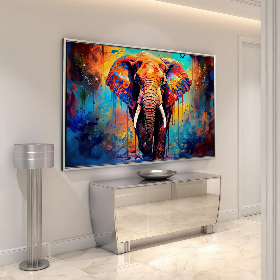 Framed Wall Art: Vibrant elephant painting in colorful abstract style. Adds a pop of color to any space! Shop now and elevate your decor.