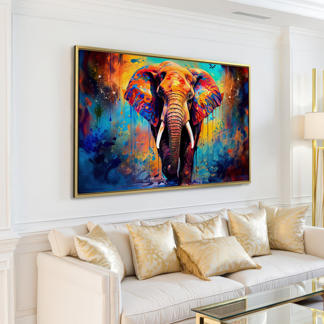 Canvas Print of a vibrant, abstract elephant painting with a colorful, watercolor style. Features a blue, orange, and yellow palette.