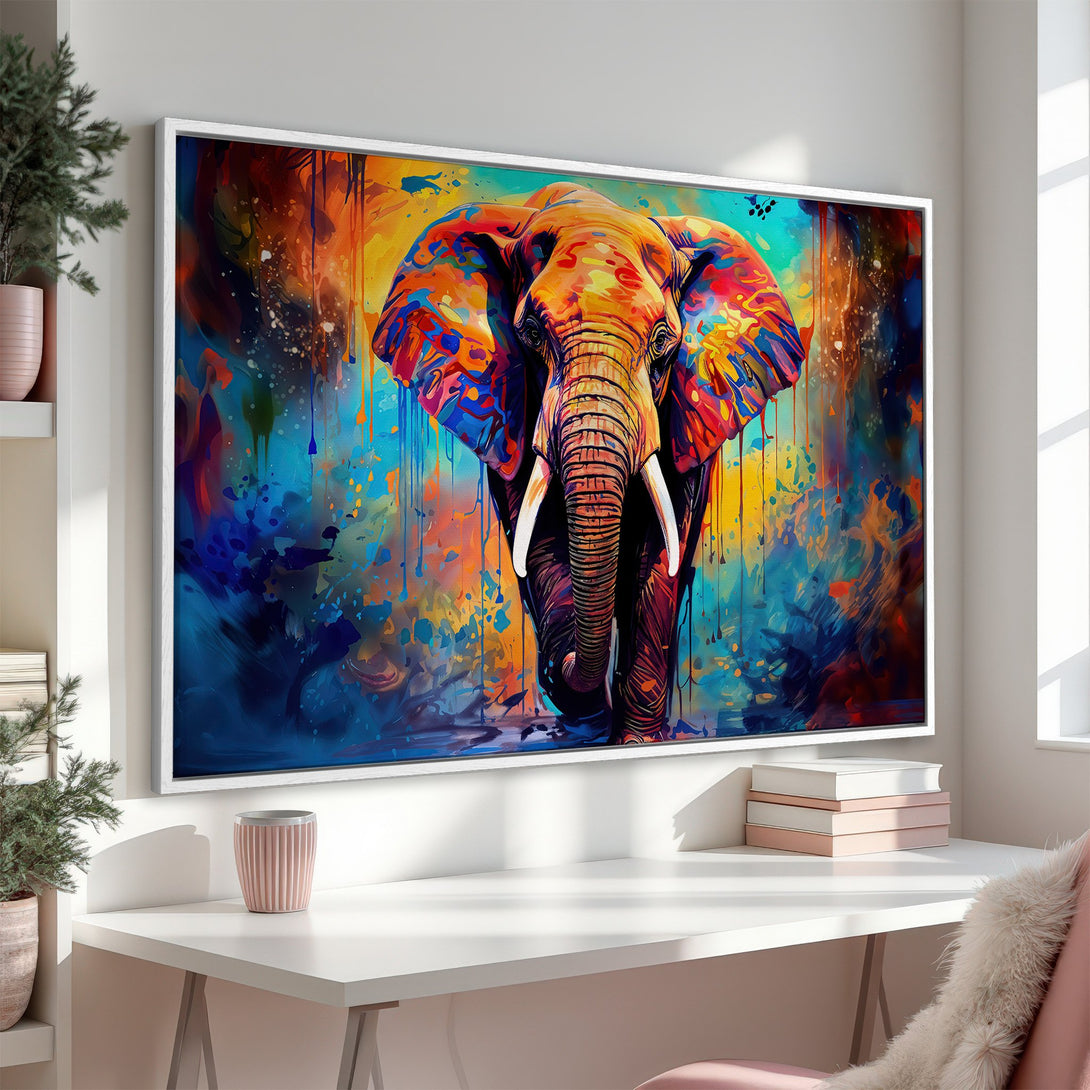 Framed Wall Art: Vibrant elephant painting in a modern, colorful style. Bold blues, oranges, and yellows pop, perfect for adding art to your home decor.
