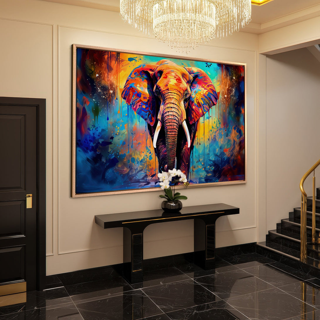 Framed Wall Art: Colorful elephant painting in a modern interior. Vibrant blues, oranges, and yellows create a stunning, abstract art piece.