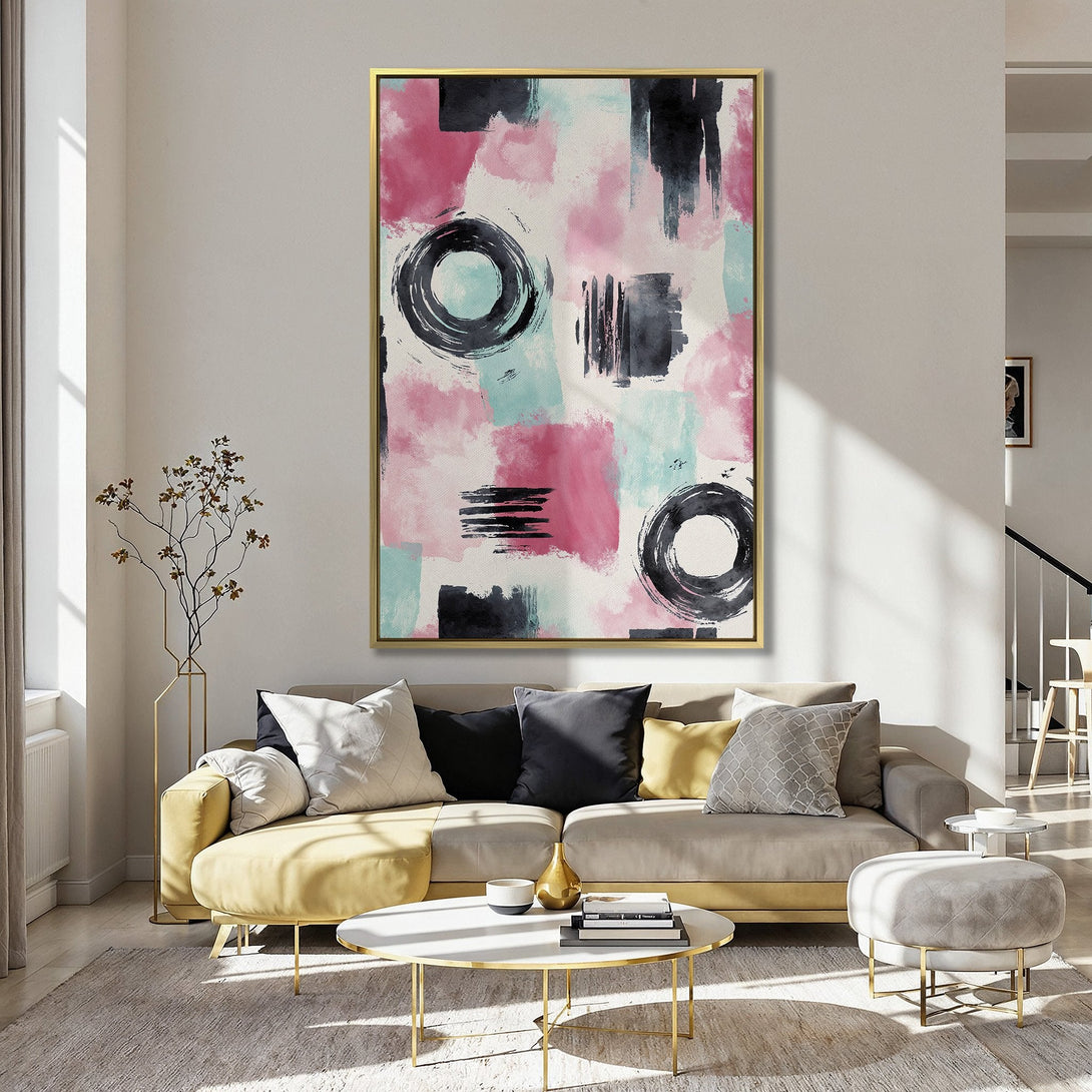 Abstract Canvas Print with pink, black, and teal brushstrokes. Modern wall art for any space.