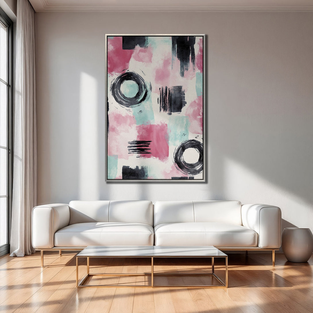 Framed Wall Art: Abstract brushstroke Canvas Print in pink, teal, and black, perfect for modern home decor.