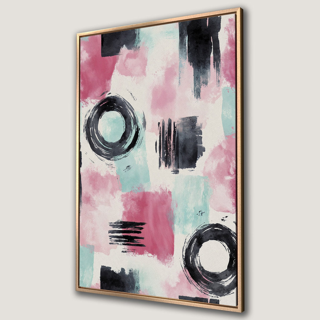 Framed Wall Art: Abstract brushstroke art in pink, teal, and black. Modern canvas print with a gold frame, perfect for adding a pop of color to your space.