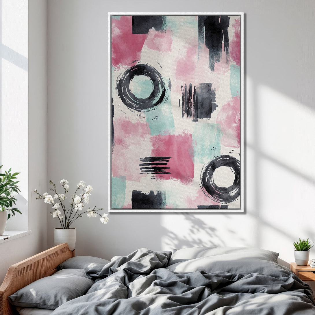 Framed Wall Art: Abstract brushstroke art in pink, black, and teal. Modern Canvas Print for bedroom decor.