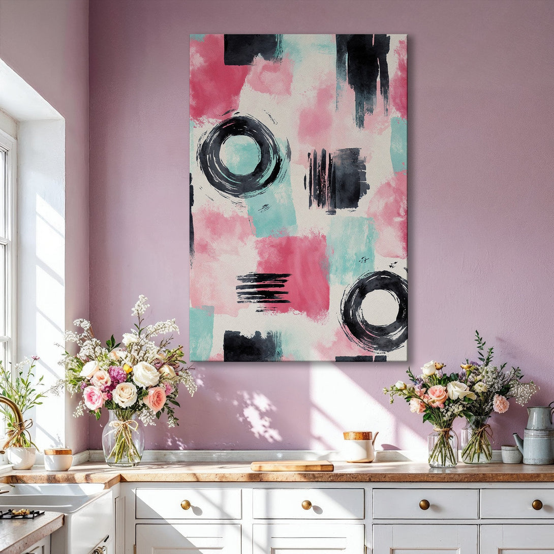 Framed Wall Art: Abstract art in pink, black, and teal. Modern canvas print with brushstroke design. Perfect for living room decor.