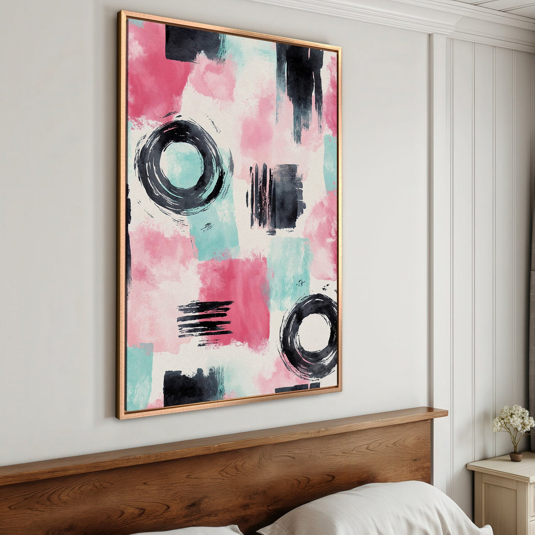 Framed Wall Art: Abstract brushstroke Canvas Print in pink, teal, and black. Modern art for bedroom decor.
