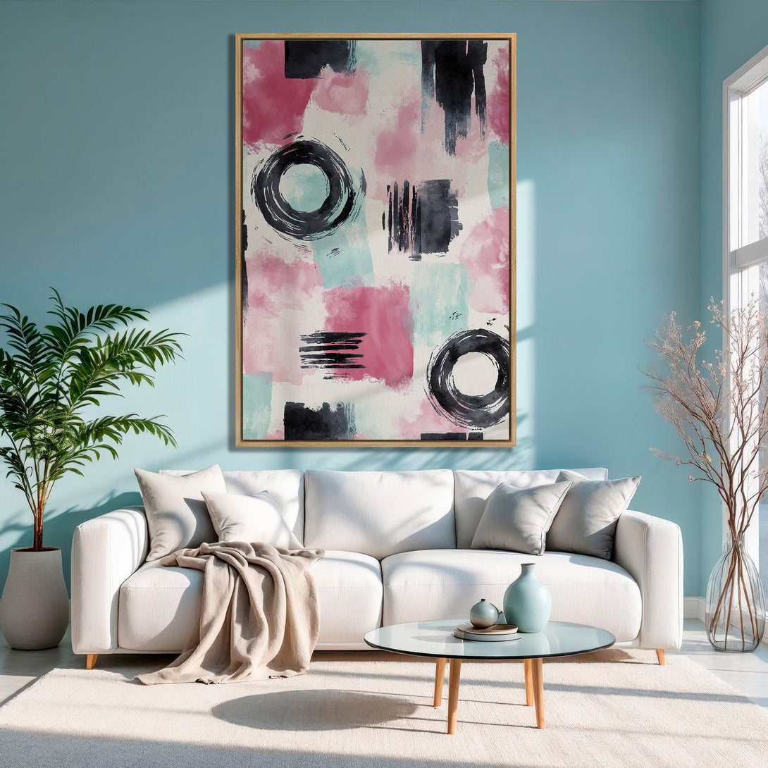 Framed Wall Art: Abstract brushstroke painting in pink, black, and teal. Modern art canvas print adds a pop of color to any living room.