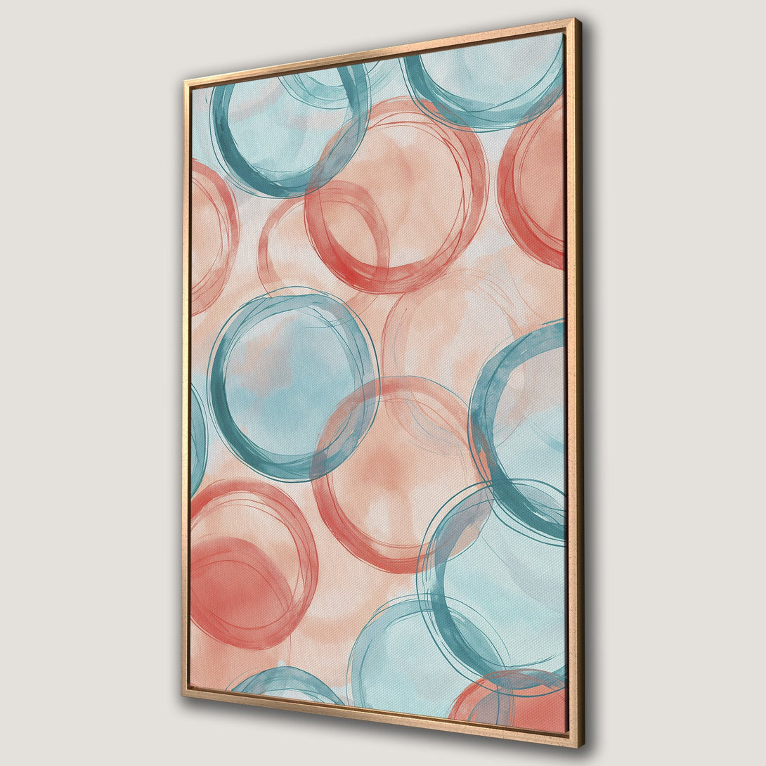 Framed Wall Art featuring abstract watercolor circles in teal and coral. Modern art canvas print for a stylish home.