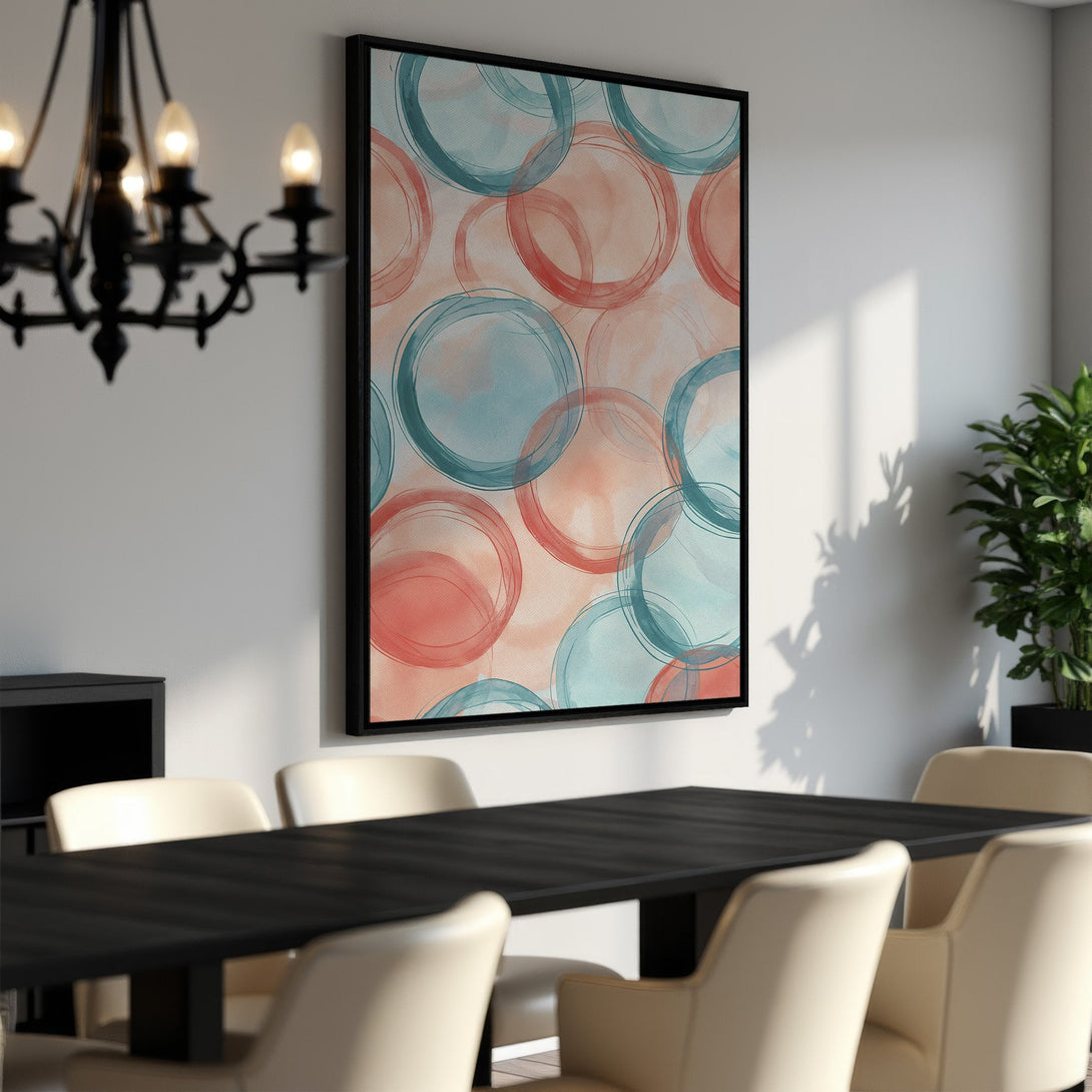 Framed Wall Art featuring abstract watercolor circles in coral and teal. Modern art print perfect for dining room decor.
