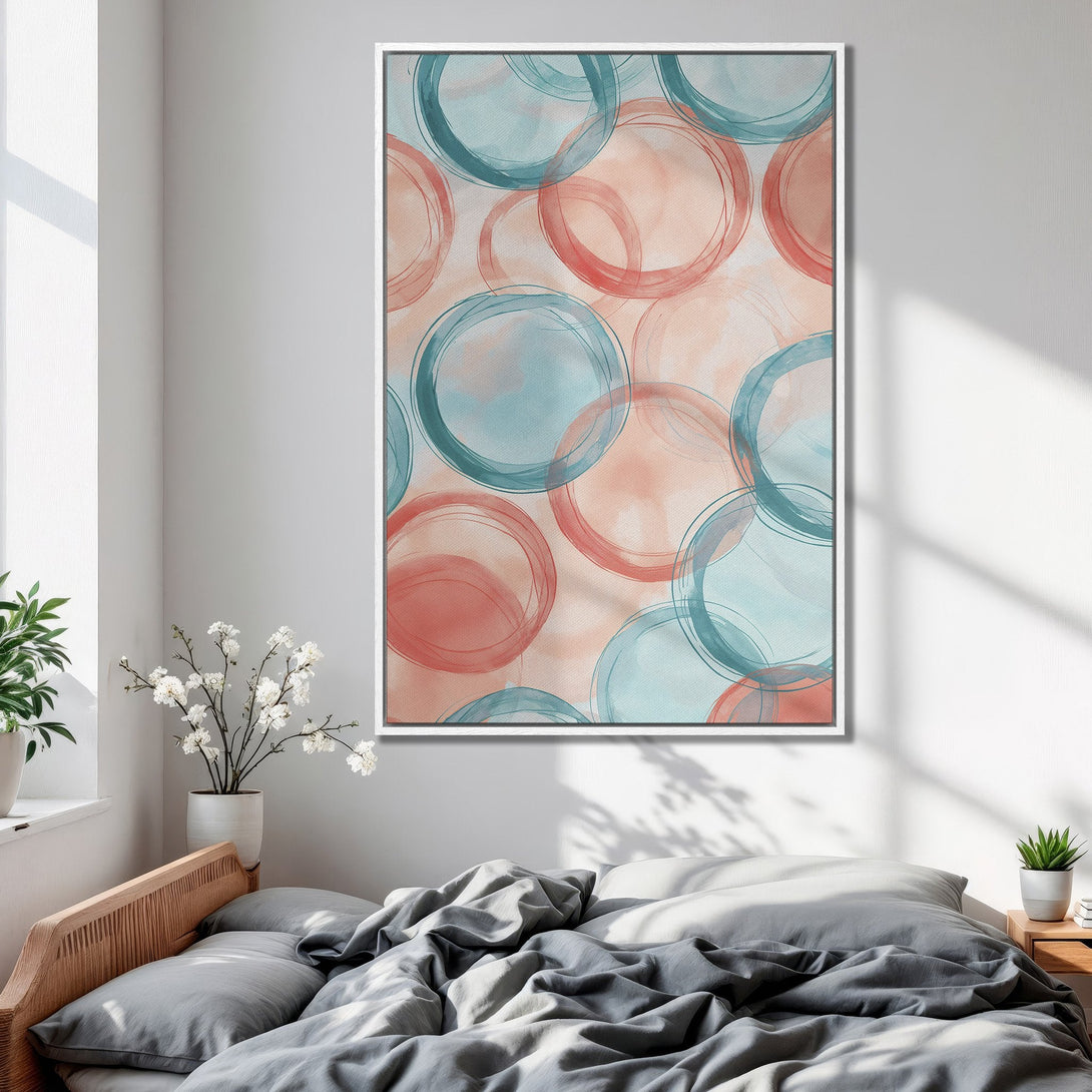 Framed Wall Art featuring abstract watercolor circles in teal and coral. Modern art print perfect for bedroom decor.