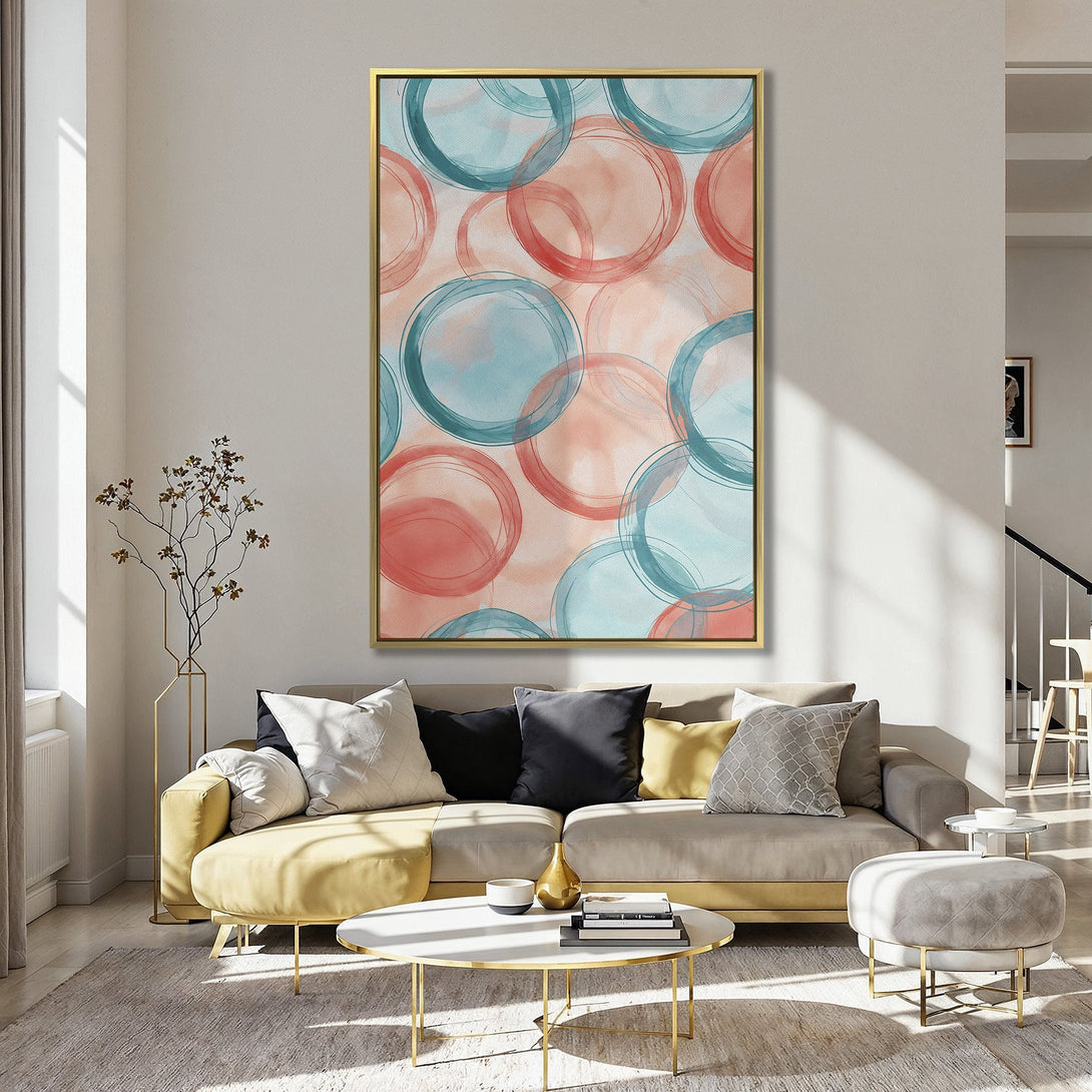 Canvas Print featuring abstract watercolor circles in teal and coral, displayed in a kitchen. Modern wall art with a soft, inviting color palette.