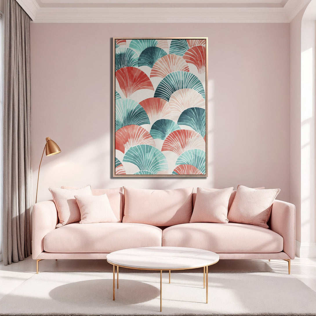 Framed Wall Art: Abstract fan design in teal, coral, & blush tones. Modern art print adds a pop of color to a chic living room. Shop now!