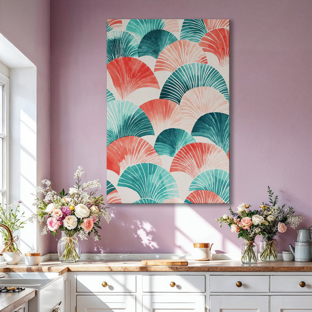 Framed Wall Art featuring a modern abstract fan design in coral, teal, and blush tones. Perfect for adding a pop of color to your living room.