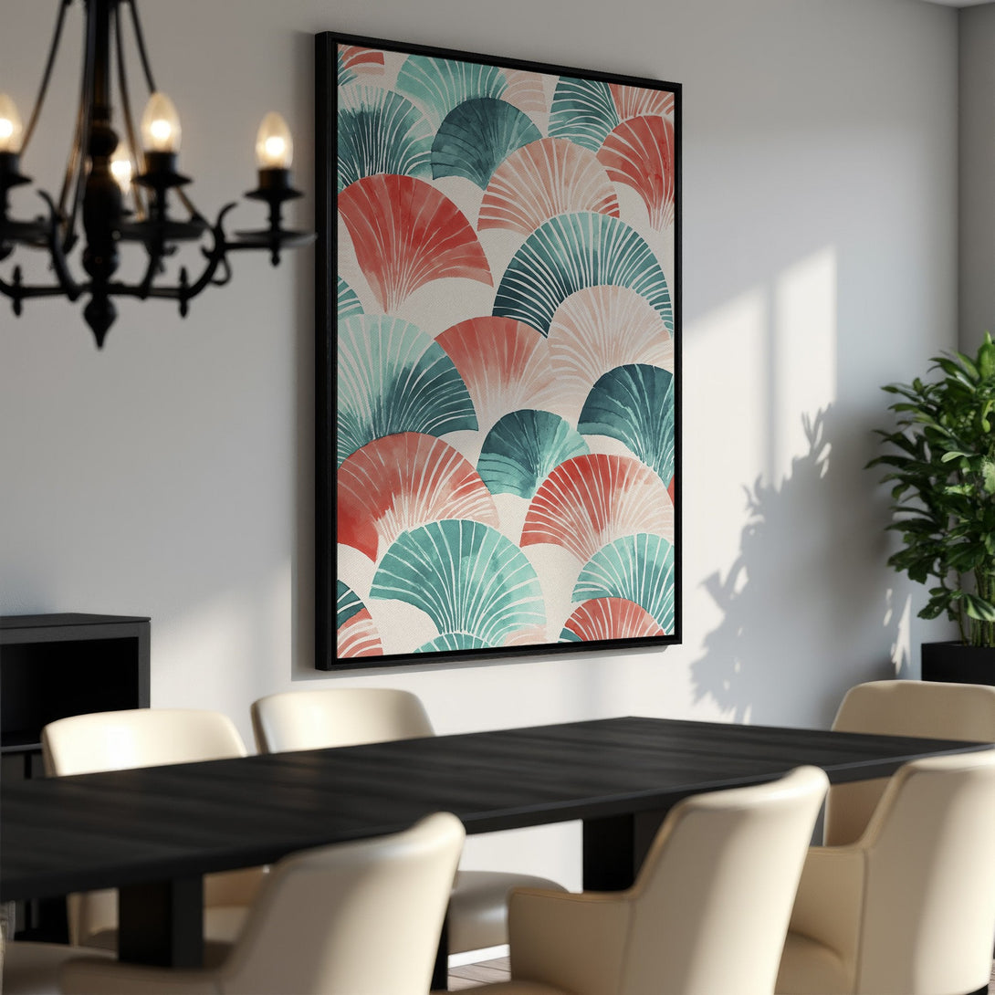 Framed Wall Art featuring a watercolor fan pattern in teal, coral, and blush tones. Modern art for dining room decor.