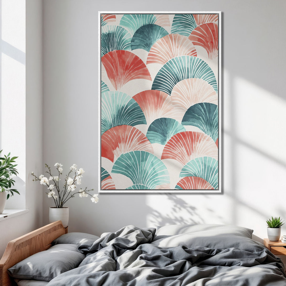 Framed Wall Art featuring a watercolor fan pattern in coral, teal, and blush tones. Modern art for bedroom decor.
