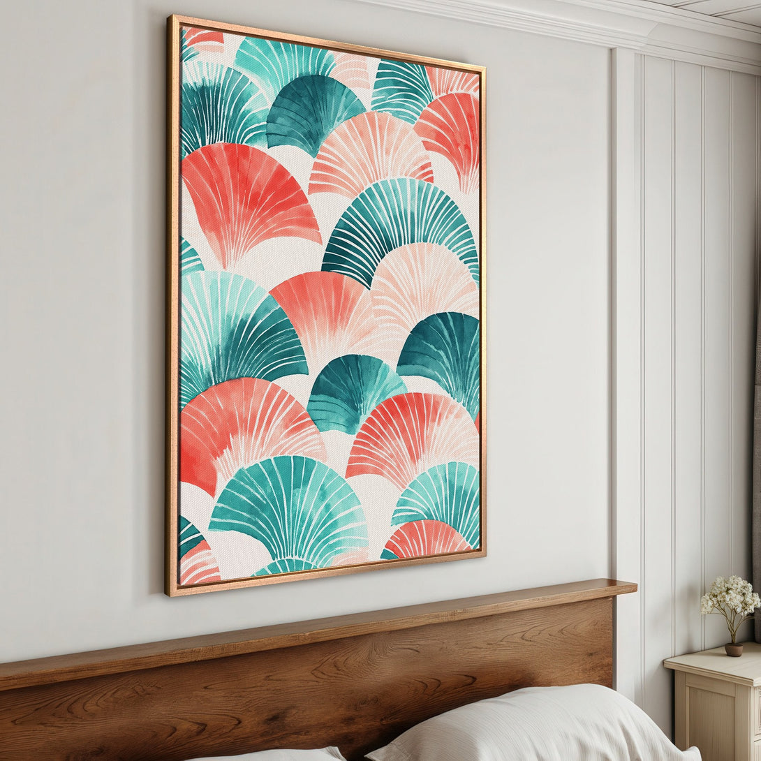 Framed Wall Art: Watercolor fan pattern in teal, coral, and cream. Modern abstract art for bedroom decor. Enhance your space with this stylish canvas print!