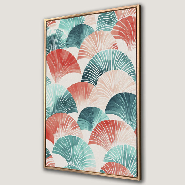 Framed Wall Art featuring a watercolor fan pattern in coral, teal, and blush tones. Modern abstract art perfect for adding a pop of color to any space.