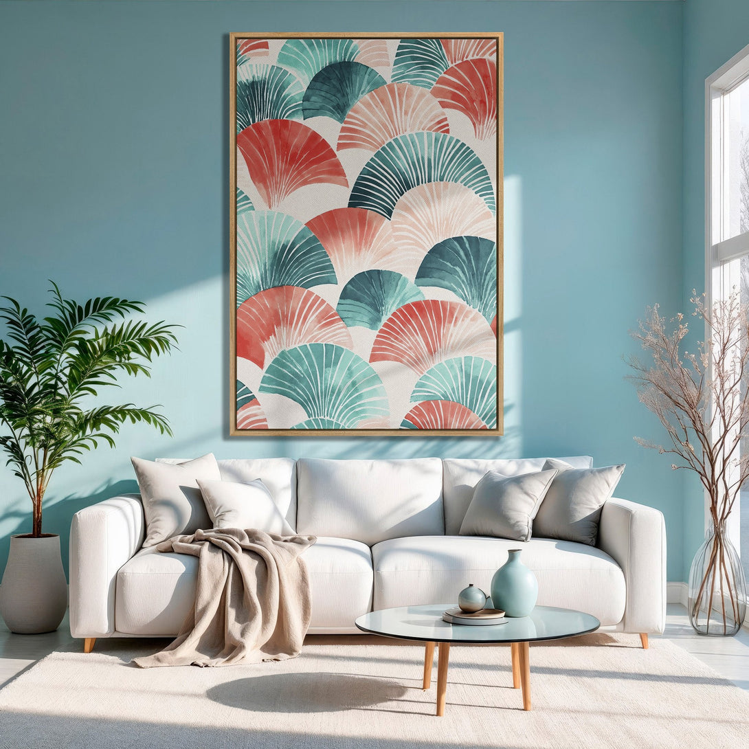 Framed Wall Art featuring a watercolor fan design with a coral, teal, and blush color palette, perfect for adding a pop of color to your living room.