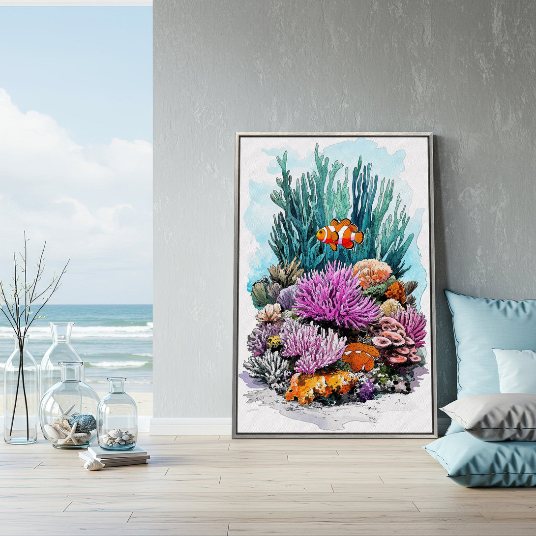 Framed Wall Art: Watercolor coral reef scene with vibrant pink, orange, and teal hues. Coastal decor Canvas Print to brighten any space.