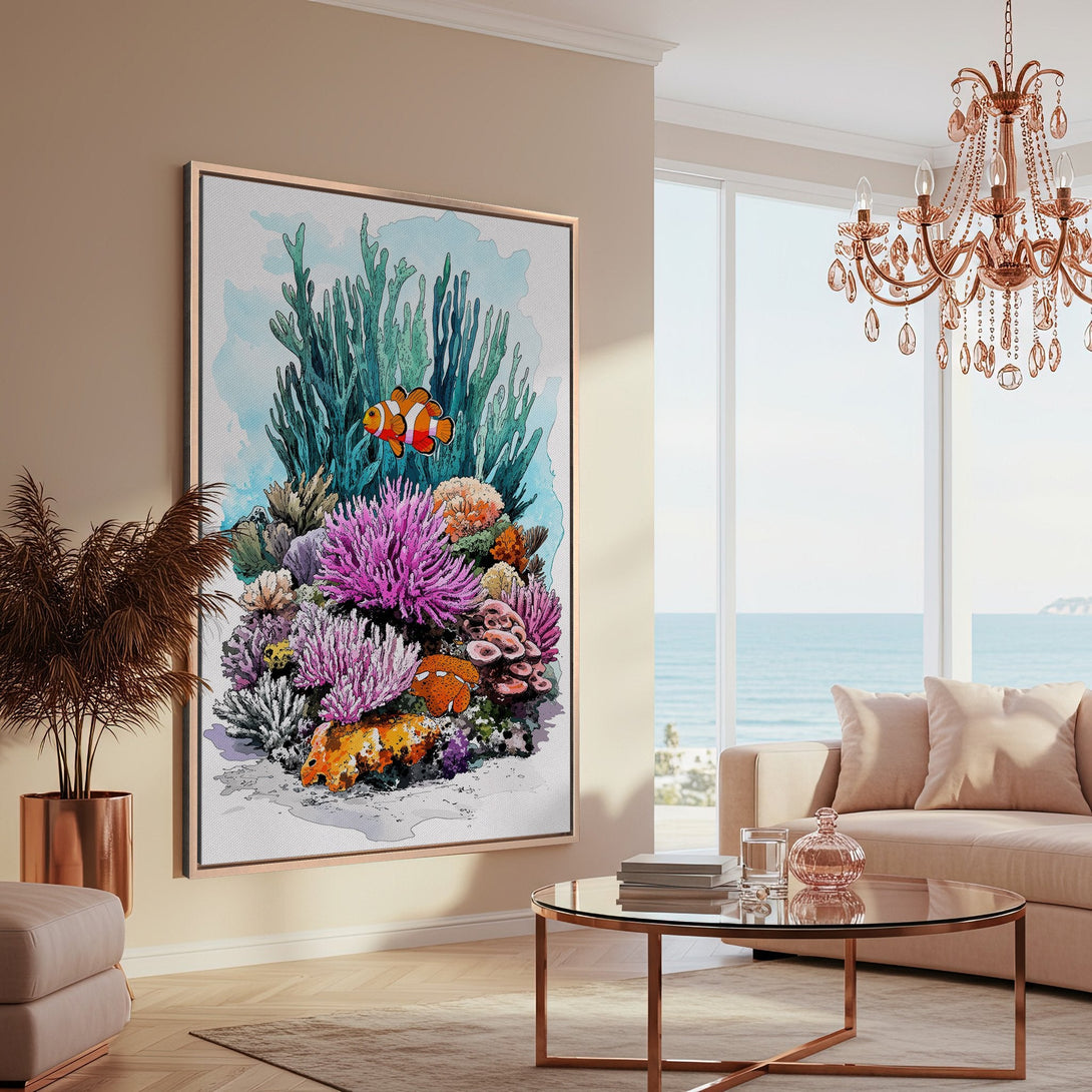 Framed Wall Art: Watercolor coral reef scene in a coastal living room. Vibrant blues, greens, pinks, and oranges create a stunning, artistic statement piece.