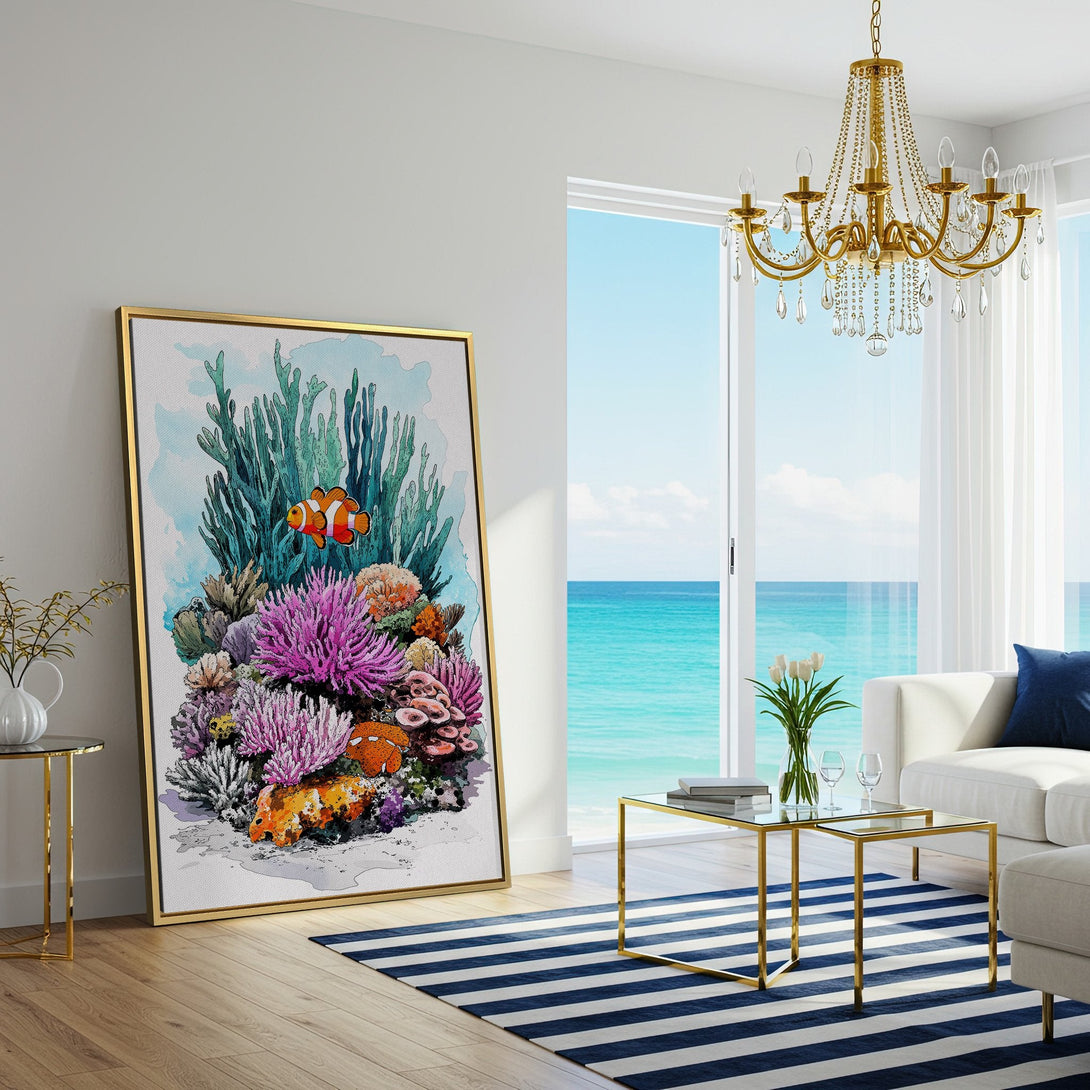 Canvas Print of a vibrant watercolor coral reef scene. Features a colorful palette of blues, pinks, oranges, and greens, perfect for coastal decor.
