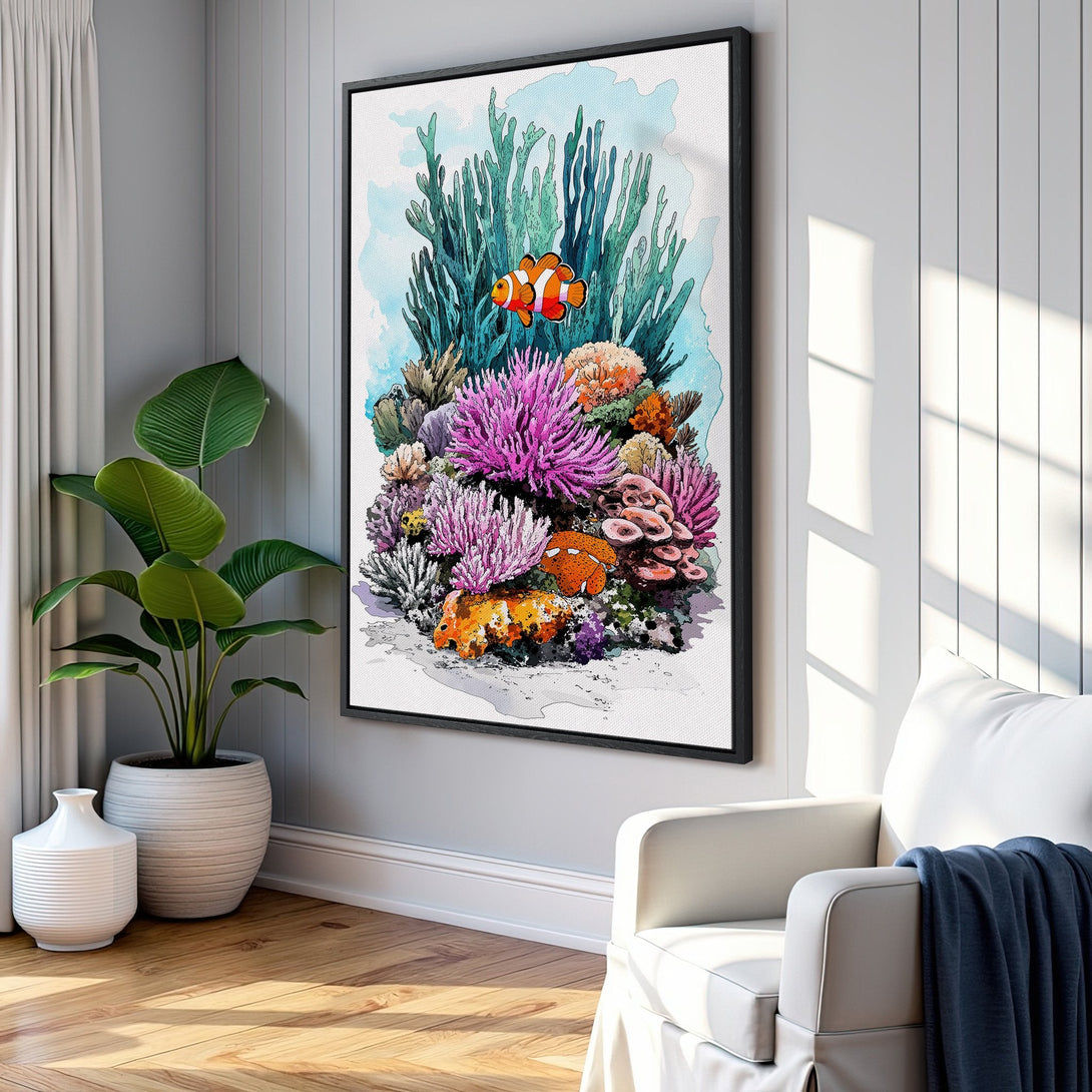 Framed Wall Art featuring a vibrant watercolor coral reef scene, showcasing a clownfish. Colorful palette of blues, oranges, and purples. Perfect for coastal decor.