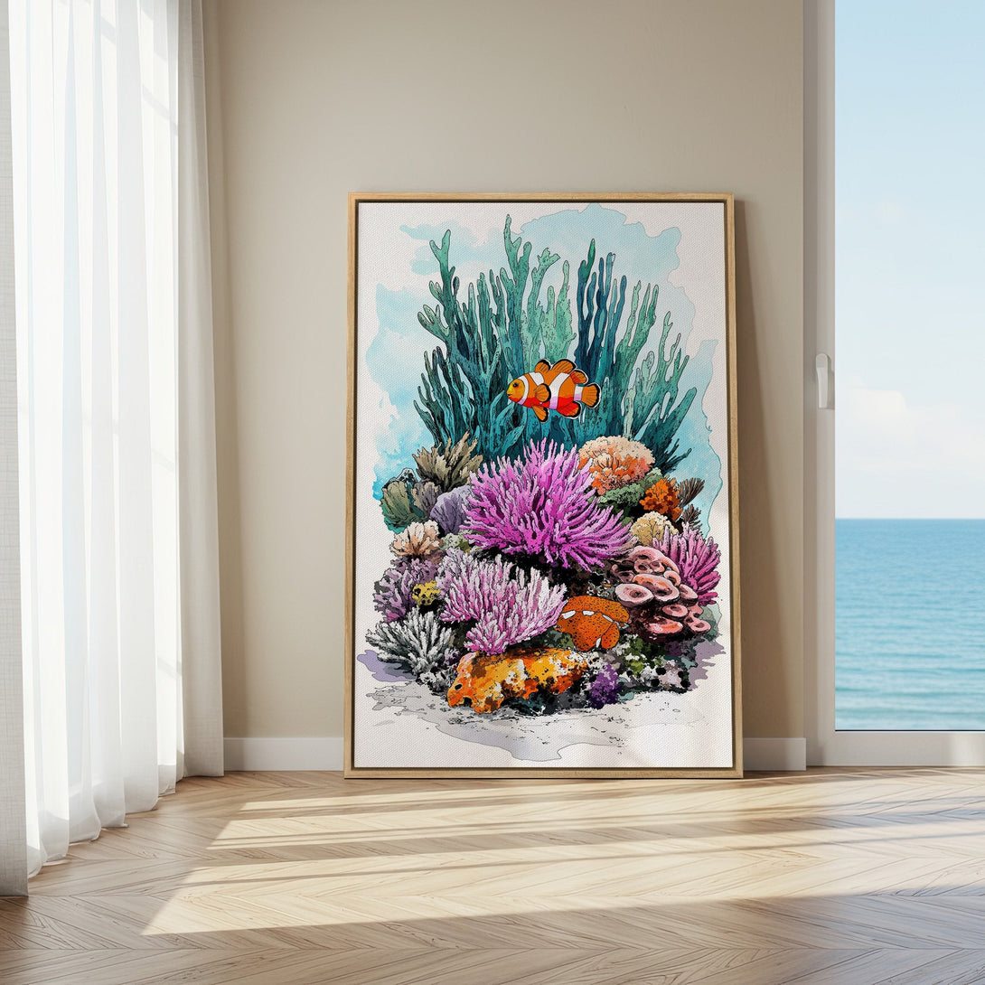 Framed Wall Art: Watercolor coral reef scene with vibrant colors. Coastal art for your home. Adds a pop of color and style.