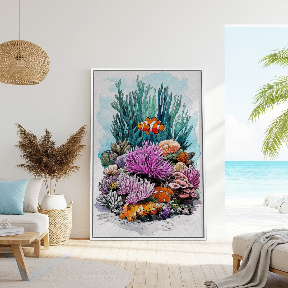 Framed Wall Art: Watercolor coral reef scene. Vibrant pink, orange, and teal hues. Coastal style Canvas Print perfect for your home decor.