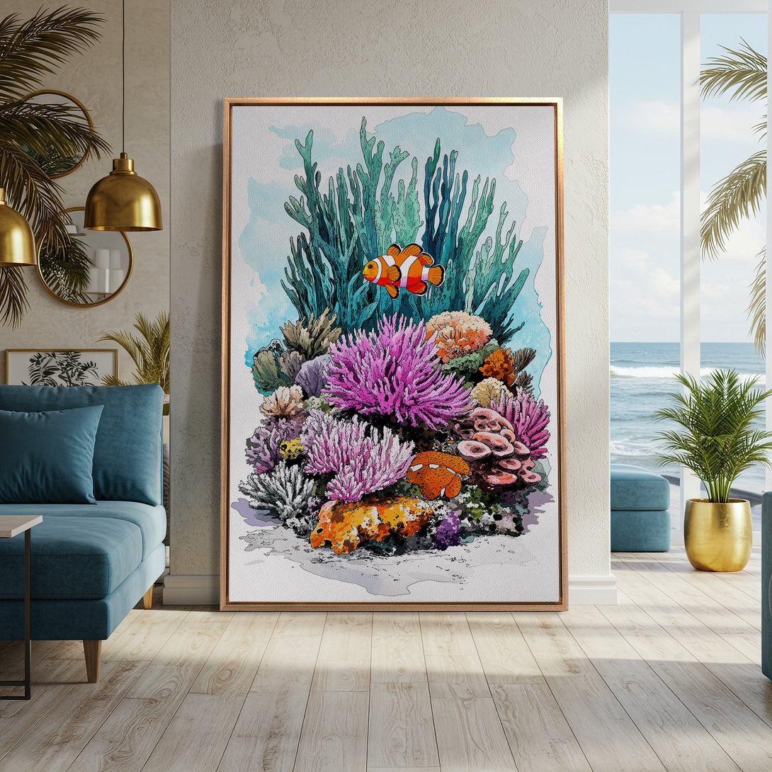 Framed Wall Art featuring a vibrant watercolor-style coral reef scene with clownfish. The artwork showcases a colorful palette of blues, greens, pinks, and oranges, perfect for coastal decor.
