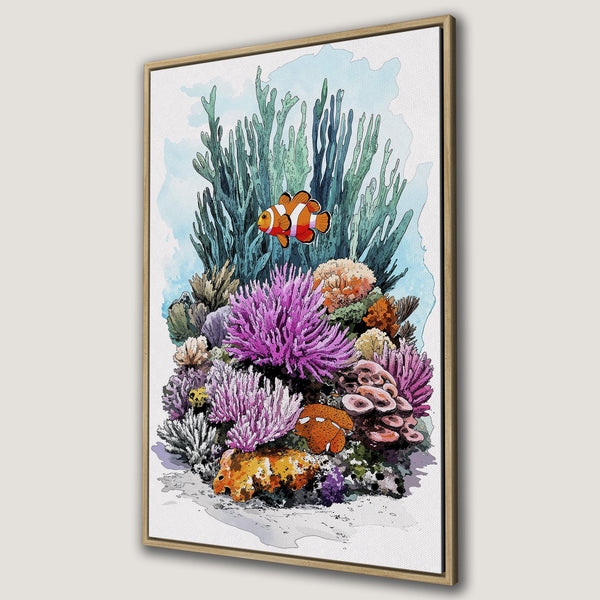 Framed Wall Art featuring a vibrant watercolor coral reef scene with clownfish. Colorful palette of blues, purples, and oranges. Perfect coastal decor.