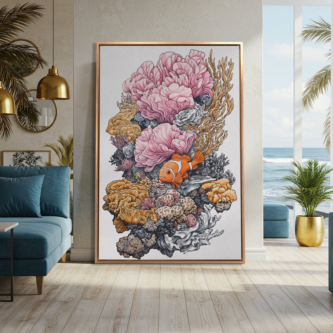 Framed Wall Art: Vibrant coral reef illustration in a coastal living room. Features a clownfish, pink, orange, and neutral tones. Perfect for beachy decor.