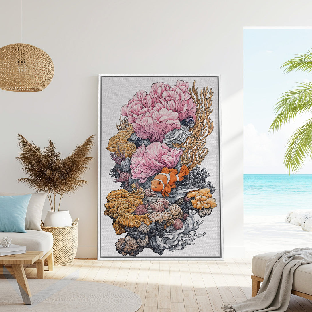 Framed Wall Art: Coastal coral reef illustration with clownfish. Pink, orange, and neutral tones. Perfect for adding a touch of the ocean to your home decor.
