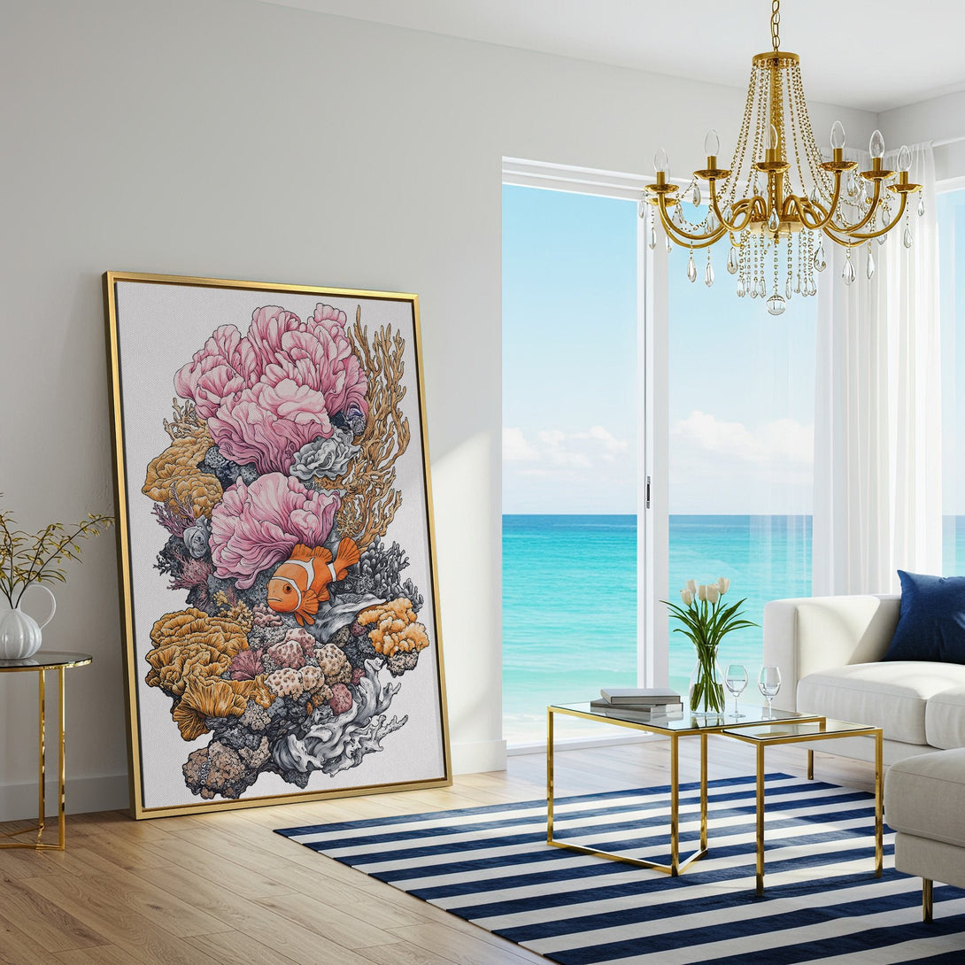 Canvas Print of colorful coral reef art with a clownfish, displayed in a bright, modern living room. Pink, orange, and blue tones.