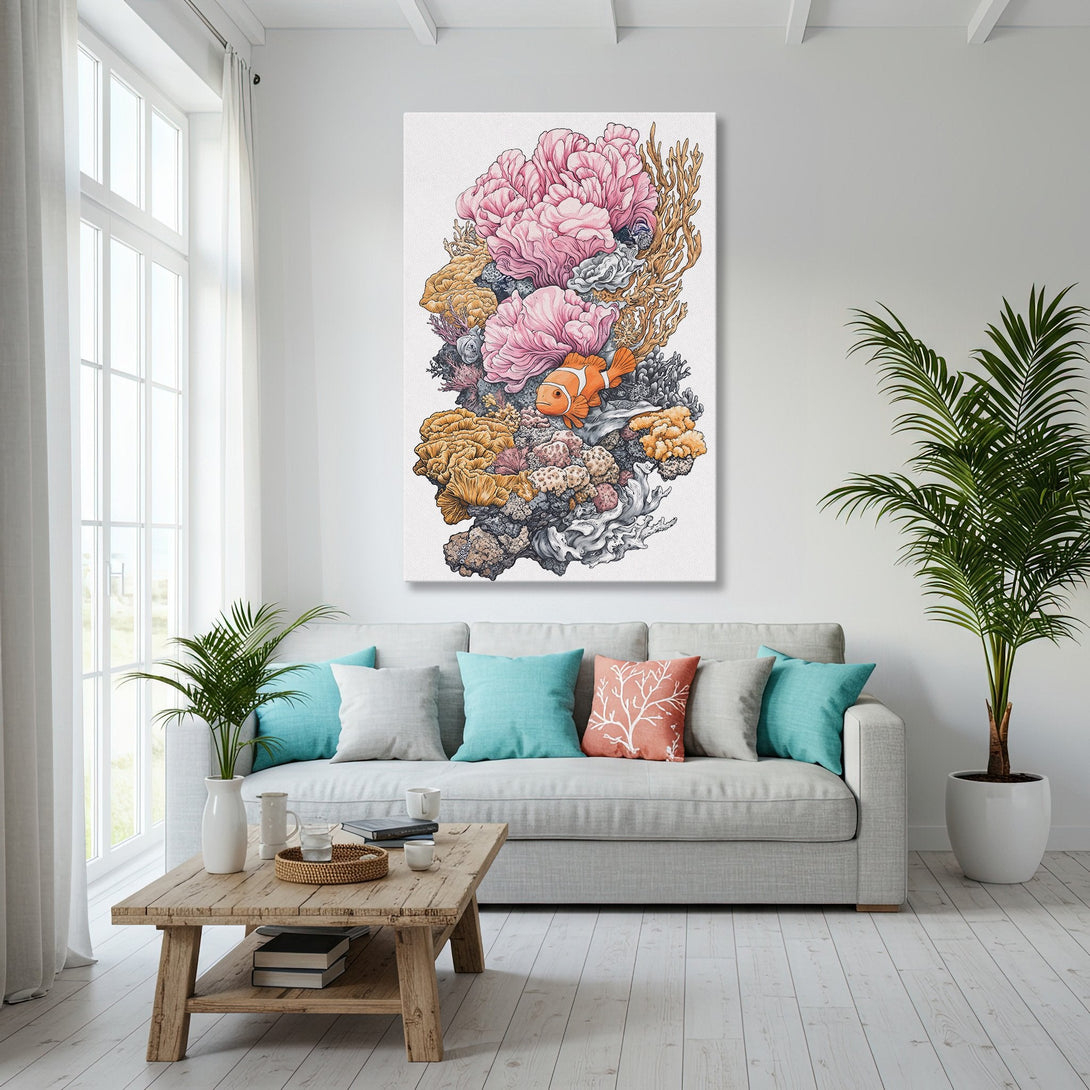 Framed Wall Art featuring a vibrant coral reef scene. Coastal decor with pink, orange, and blue hues. Bring the ocean's beauty into your home!