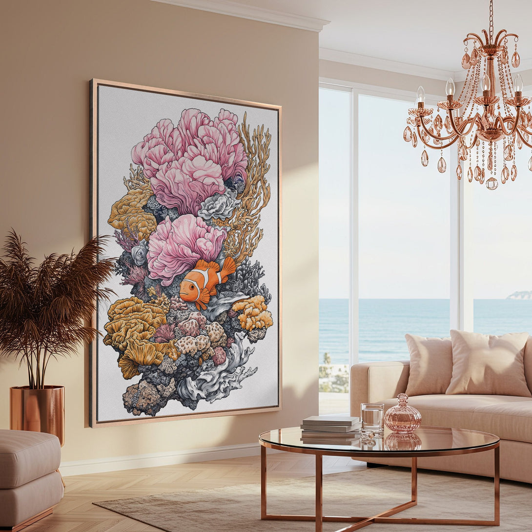 Framed Wall Art: Stunning coral reef illustration in pink, orange, and gold tones. Coastal-inspired Canvas Print adds a touch of elegance to any living space.